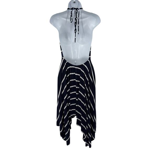 Elan Beach String Halter Dress medium Navy Blue Striped Asymmetrical Hem Midi - Picture 2 of 11